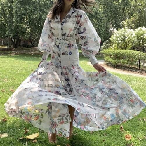 Dress Women Spring Maxi 2021 Fashion Brand Lantern Sleeve Sexy Split Elegant Vintage Floral Printed Vacation Party Dresses Mujer