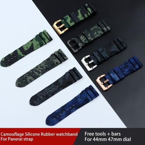 24mm 26mm black blue green grey Camo Silicone Rubber Watch Band Replace For Panerai strap watchband Pin buckle free tools