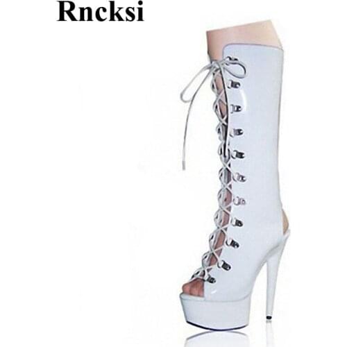 Rncksi White Fashion Women Lace Up Peep Toe Boots Party Quee High Heels Shoes Boots Dance Shoes 15cm Heels High Knee High Boots