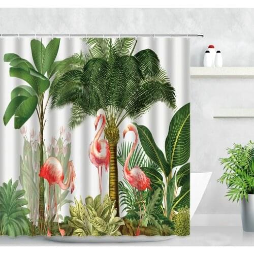 Tropical Rainforest Flamingo Shower Curtains Green Plants Leaves Palm Tree Jungle Scenery Nordic Home Decor Bathroom Curtain Set