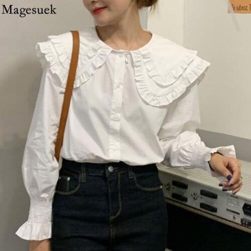 Vintage Big Lapel Ruffles White Womens Shirt Casual Cotton Long Sleeve Shirts Women Blouse New Fashion Tops Blusas Mujer 12392