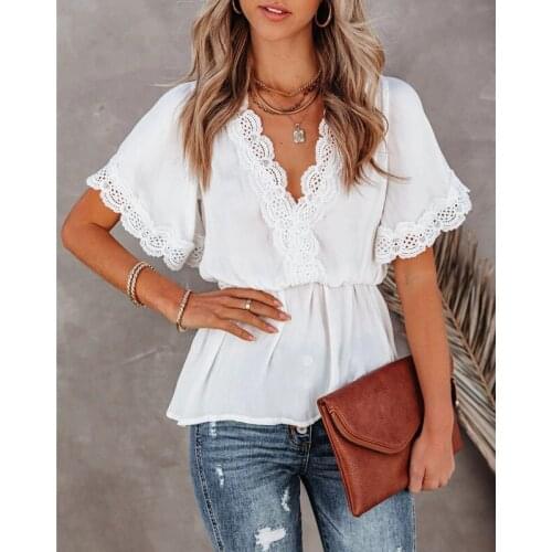 Summer Women Blouse Chiffon 2021 Elegant V Neck Solid Color Black Patchwork Lace Side Skinny Short Sleeve Tops Ladies Blouses