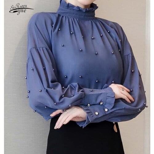 Spring new style blue chiffon blouse beaded blouse long-sleeved bottoming shirt fashion blouse OL women blouse clothes 1641