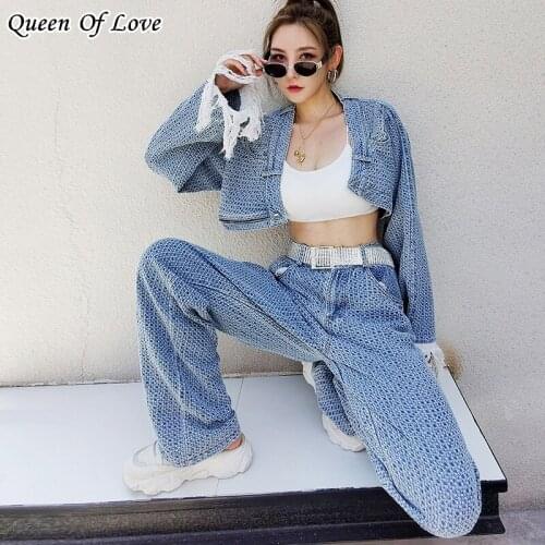2 Piece Women Long Sleeve Crop Top Jacket Wide Leg Pant Matching Set 2021 New Autumn Streetwear Denim Tassel Pants Suit Outfit
