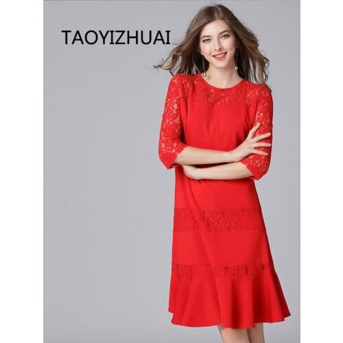 TAOYIZHUAI 2019 New Arrival Spring Casual Style O-Neck Mermaid Stretch Plus Size Red Hollow Out Spliced Women lace Dress 16028
