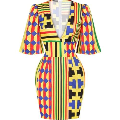 Women Mini Bodycon Dress African Clothes 2021 Sexy V Neck African Dashiki Print Dress Evening Party African Dresses for Women