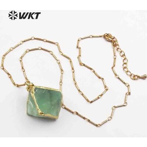 WT-N1142 Natural Rainbow Flourite Necklace Colorful Dice Shape Pendant With Gold Trim Women Fashion Necklace Jewlry