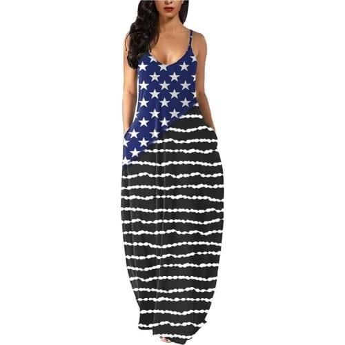 American Maxi Dresses Women Summer Casual Stripe Sundress Independence Day Beach Print Sleeveless Cami Vestidos Evening V-Neck