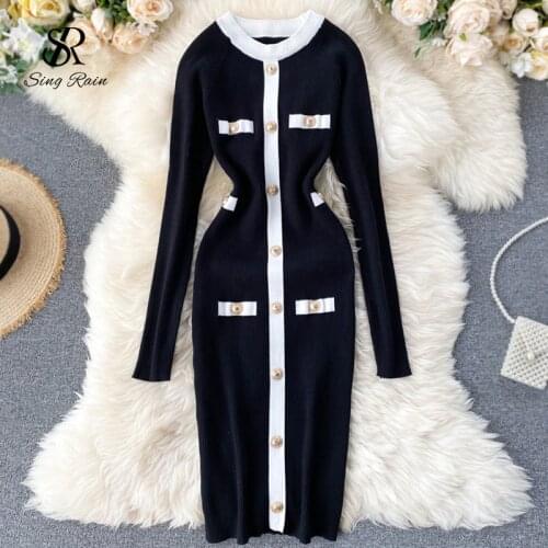 SINGRAIN Women Knitted Sheath Dress Autumn Office Bodycon Kniting Dress Casual Winter Elastic O Neck Button Retro Sweater Dress