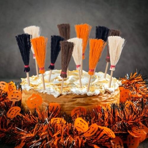 12Pcs Halloween Withch Broom Cake Toppers Witches Prop Broom Wizard Decor For Kids Birthday Halloween Party Decoration Supplies