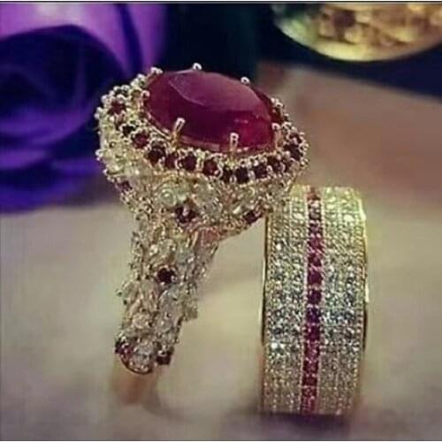 2pcs / Set Red Gem Ring Promise Ring Fashion Accessories Noble Bride Engagement Wedding Luxury Jewelry Cocktail Party Jewelry