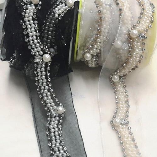 2 Yards White Black Mesh Pearl Beaded Lace Trim Tape DIY Wedding Bridal Sash Belt Beads Rhinestone Lace Sewing Garment Materials