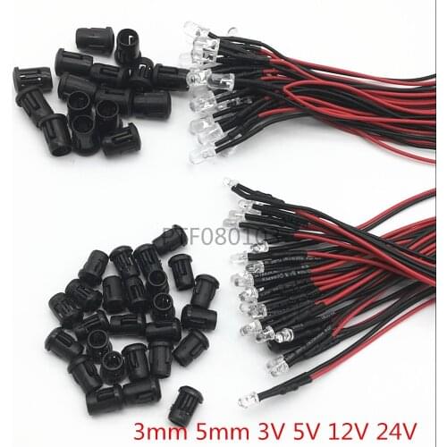 20pcs 3V 5V 12V 24V DC 3mm/5mm Red/Green/Blue/RGB Round Pre-Wired Water Clear LED With Plastic Holder