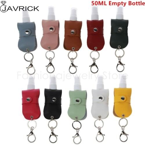 50ml Portable Squeeze Spray Bottle Empty Leakproof Plastic Refillable Travel Mister Bottle with Leather Keychain Holder