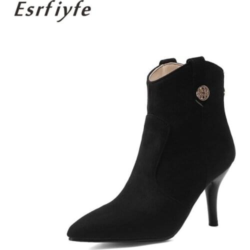 ESRFIYFE 2021 new autumn winter women ankle boots flock thin high heel ponted toe shoes woman sexy party short boots large size
