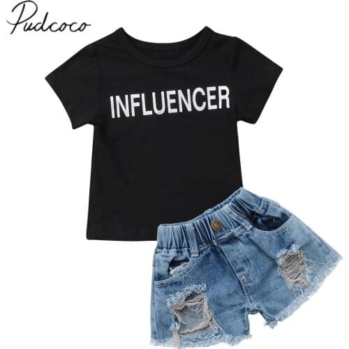 2018 Brand New Toddler Infant Child Kids Baby Girls Cool T-shirt Tops+Denim Ripped Short Jeans 2Pcs Outfit Casual Summer Clothes
