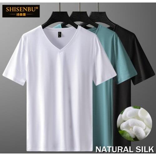 Silk And Cotton Short Sleeve T Shirt Men Summer Solid Color V-neck Knitted T-Shirt Undershirts Slim Fit Casual Tee Tops White