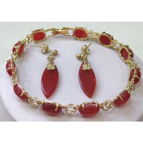 Hot sell new - Red Ruby Link Jewelry bracelet earrings set 18K gold plated watch wholesale Quartz stone CZ crysta