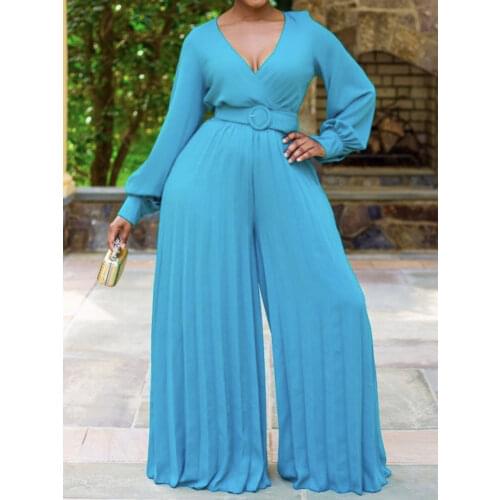 Wide Leg Jumpsuits Elegant Ladies Long Sleeve Pleated Belt Loose Fashion Romper Women Summer Fall Party Club One Piece Outfits
