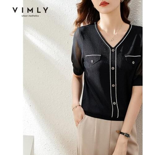 Vimly soft dylish knitted T-shirt for women summer 2021 new design v-neck Elegant short sleeve Black Top Female Clothes F8177