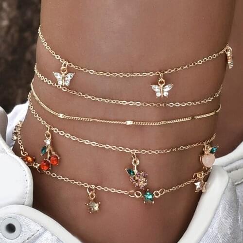 Sweet Women Fruit Anklets Set Fashion Crystal Apple Strawberry Cherry Grape Pendant Gold Chain Anklets for Women Jewelry Gifts