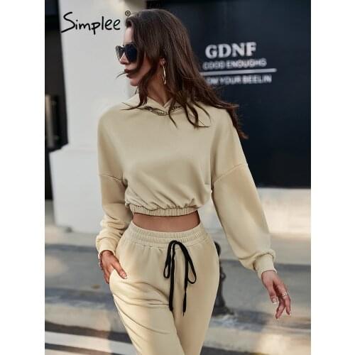 Simplee Casual batwing sleeve hooded crop top tracksuit women Elastic waist lace up hoodie pant sets Drop shoulder two-piece set