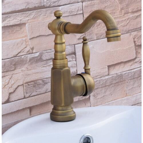 Vintage Retro Antique Brass Kitchen Wet Bar Bathroom Vessel Sink Faucet Swivel Spout Mixer Tap Single Hole One Handle mnf249