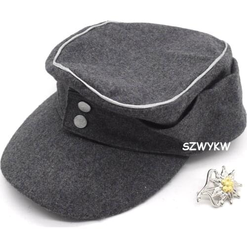 WWII German M43 Officer WH EM Panzer Wool Cap Hat Grey+EM Edelweiss Mountain badge