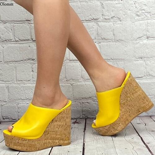 Olomm 2021 Summer Women Platform Mules Sandals Wedges High Heel Open Toe Gorgeous 10 Colors Dress Shoes Women US Plus Size 5-20