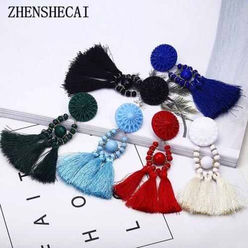 Handmade 6 Colors Long Tassel Earrings Bohemian Black Red Green White Blue Silk bead Drop Earrings For Women Jewelry e0502