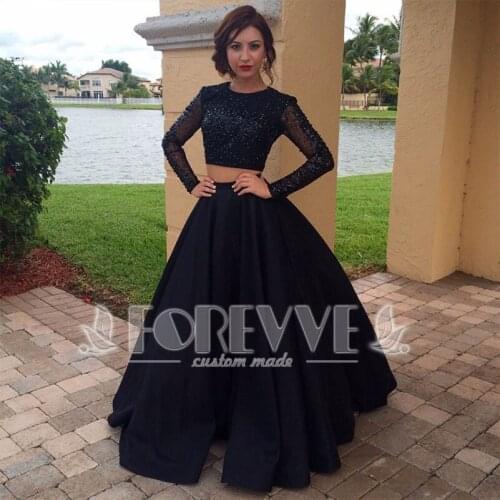 New Black Beaded Satin 2 Pieces Prom Dress 2019 Long Sleeve Formal Party Dresses Evening Gowns Vestido De Festa Abendkleider