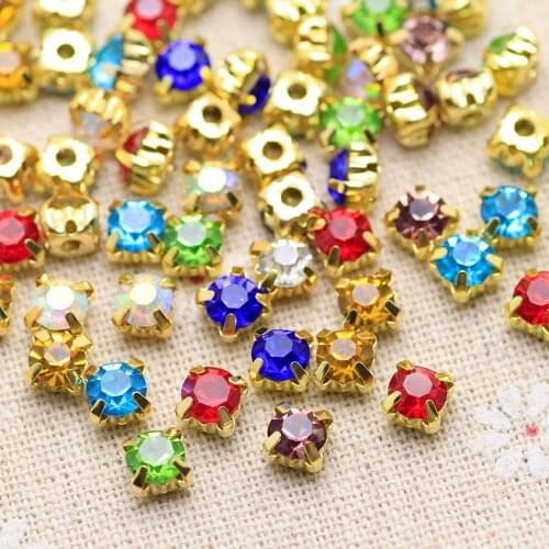 100pcs 6mm Colorful Mix color Gold Base Sew On Stone With Claws Plated Setting Chatons Crystal Glass Stones Dress Decoration