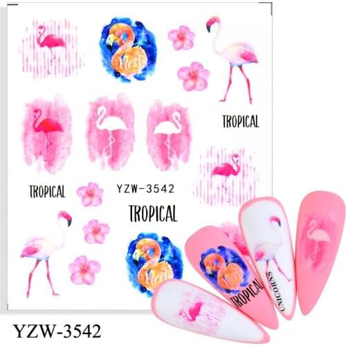 YWK 4PCS/LOT Flamingo Nail Sticker Flower Leaf Water Decal Transfer Nail Sliders Summer Tattoo Nail Art Decoration Tip