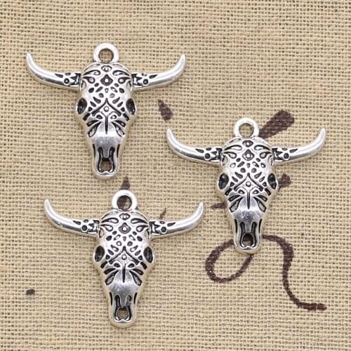 8pcs Charms Skull Bull Ox Head 25x29mm Antique Silver Color Plated Pendants Making DIY Handmade Tibetan Finding Jewelry