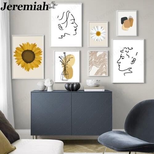 Abstract Line Face Canvas Painting Sunflower Poster Scandinavian Wall Art Nordic Living Room Home Decoration