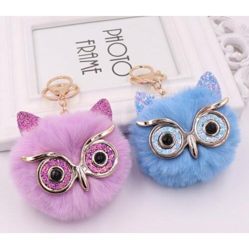 Cute Pompom Owl Keychain Pom Pom Key Chain Rabbit Fur Ball Pompon Porte Clef Fluffy Leather Key Ring Accessories Jewelry Gifts