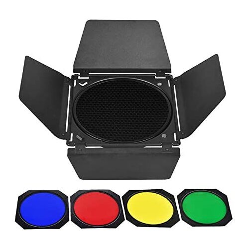 Godox BD-04 Barn Door & Honeycomb Grid &4 Color Gel Filters Compatible for Standard Reflectors Accessories kit