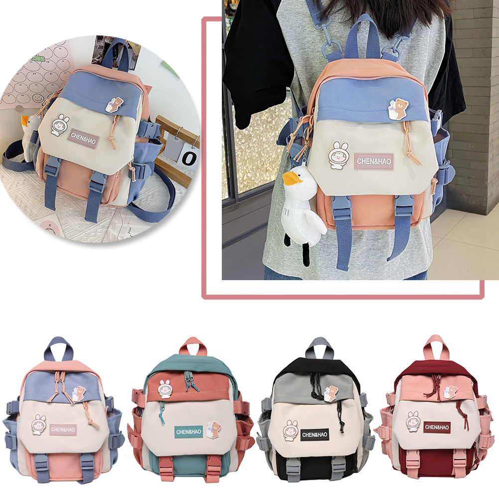 Fashion Preppy Style Women Cartoon Printing Contrast Color Backpack with Pendant Casual Girls Students Travel Schoolbag Large