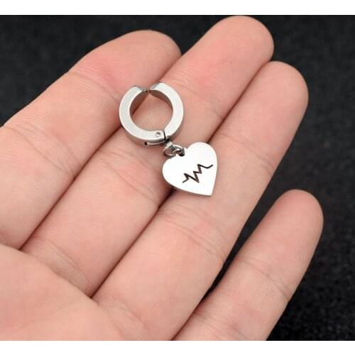 Stainless Steel Heart Electrocardiogram Pendant Minimalist Punk Circle Unisex Stud Earrings For Women kpop Jewelry 1 pair New