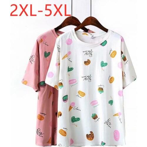 New 2021 Ladies Summer Plus Size Tops For Women Large Short Sleeve Loose Cotton White Pink Print O-neck T-Shirt 2XL 3XL 4XL 5XL