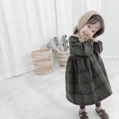 Autumn Winter cute girls fashion puff sleeve plaid long dresses baby kids fashion wollen casual all-match princess dress