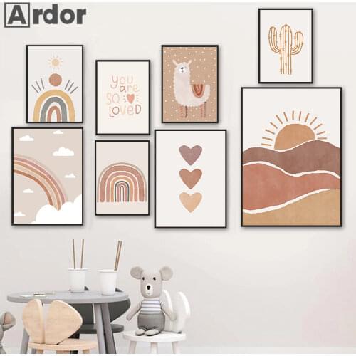 Cactus Alpaca Poster Abstract Sun Heart Print Cloud Rainbow Nursery Canvas Paintings Boho Wall Art Pictures Baby Kids Room Decor
