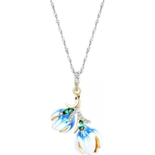 Luxury Yellow Gold Color Jewelry Handmade Enamel Flower Bud Stamen Pendant Necklace for Women Elegant Party Cocktail Short Chain