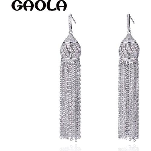GAOLA New Fancy Long Tassel Earring Clear AAA Cubic Zircon Dangle Earrings Sexy Women Luxury Jewelry