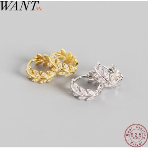 WANTME Pave CZ INS Luxury Olive Branch Leaf Stud Earrings for Women Real 100% 925 Sterling Silver Teen Gift Fine Hoop Jewelry