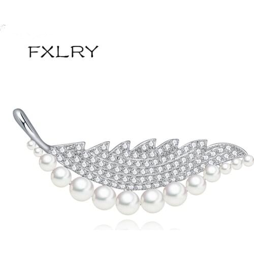 FXLRY New Arrive Romantic Fashion Women White ZC AAA Cubic Zircon Leaves Pearl Brooches Sweater Coat Accessories