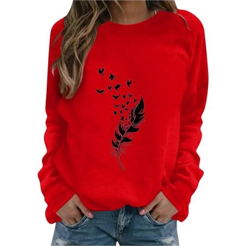 Harajuku Feather Print Hoodies Women Sweetshirts Casual Loose O Neck Long Sleeves Pullover Sweatshirt Spring Autumn Bluza Damska