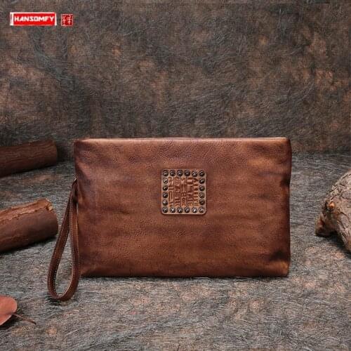 New Handmade Leather Big Women Clutch Bag Female Mobile Phone Clutch Bag Zipper Casual Envelope Bags 2021 Rivet Cowhide Retro