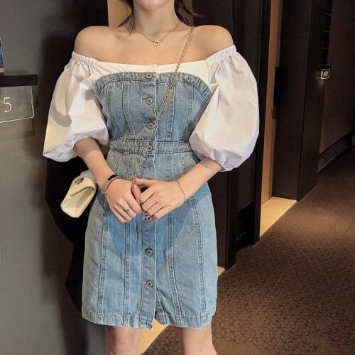 Summer 2020 new puff sleeve sexy slash neck women denim patchwork front buttons dress ladies elegant short sleeve dresses jurk