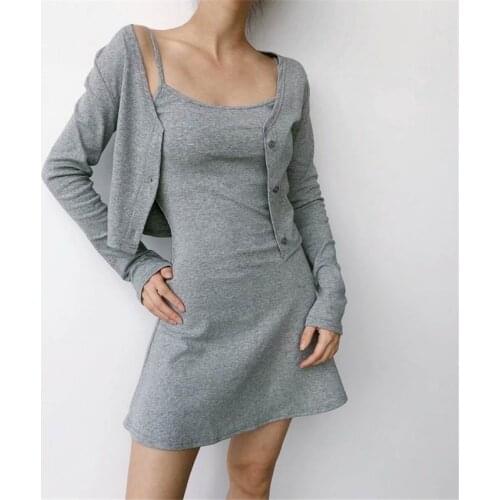 Spring Summer Cotton Dresses Two Pieces Slim Women Spaghetti Strap Dress+Long Sleeve Cardigan Tops Vestidos Bottomings WZ1170